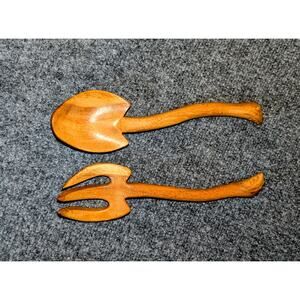 Vintage Mid-Century Hand-Carved Monkey Pod Wood Salad Servers